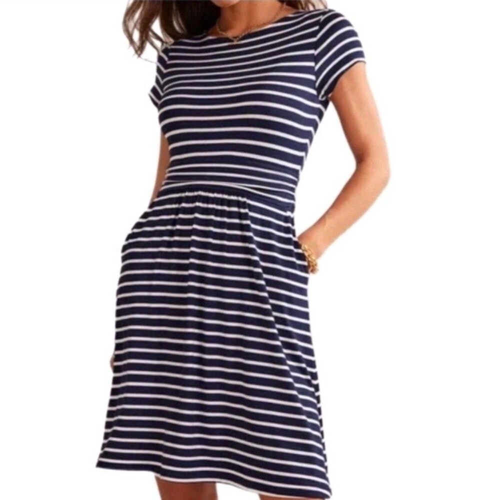 BODEN Jersey Dress Summer Preppy Pockets Navy White Stripe Size US 4R Women's